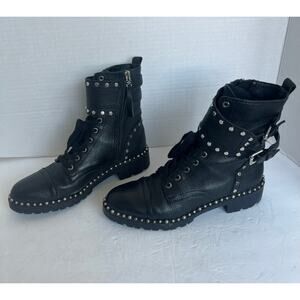 Sam Edelman Jennifer Black Pebble Leather Studded Lace-Up and Zip Ankle Boots 7M